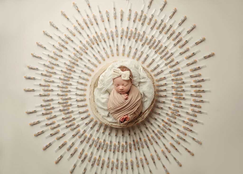 baby in a circle with needles to show the success of infertility