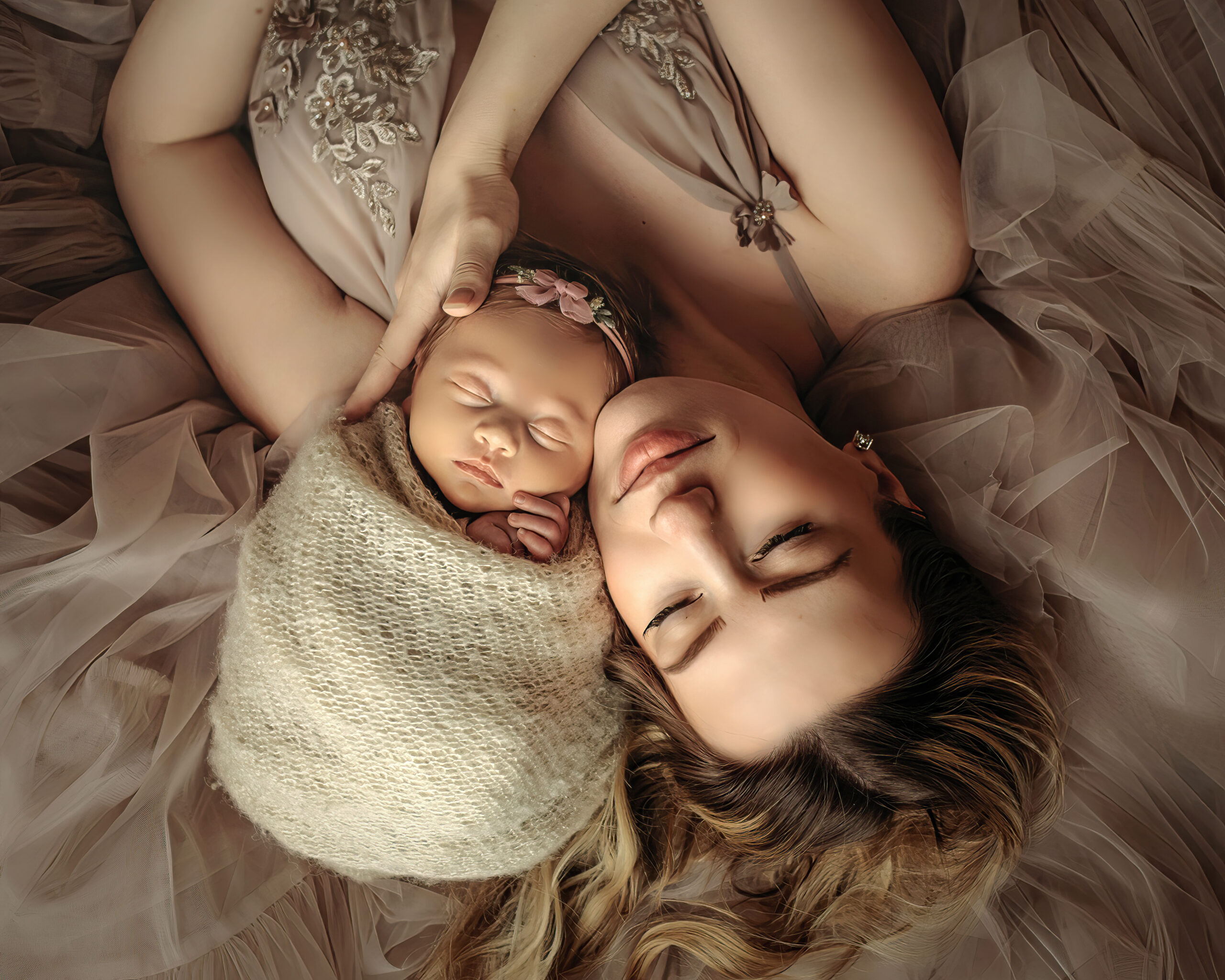 Cream colored newborn session with mom and baby
