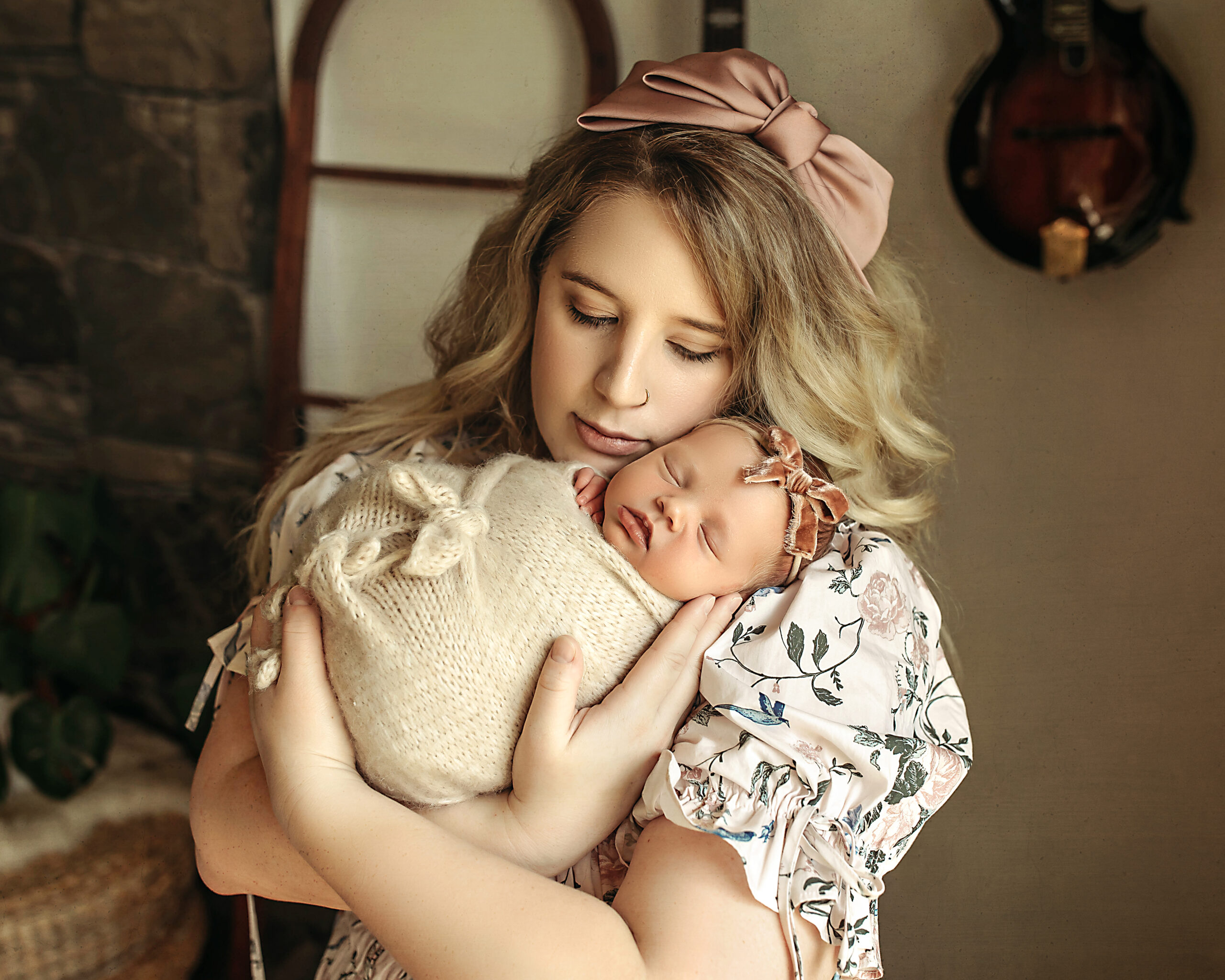 mother and newborn daughter in custom photo session oklahoma city