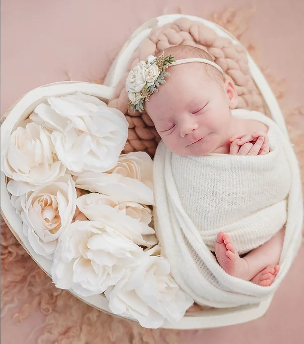 Brittany Diane Photography. Light and Bright style editing with newborn baby girl posed in a heart shaped basket. Newborn Photographer in Oklahoma City.