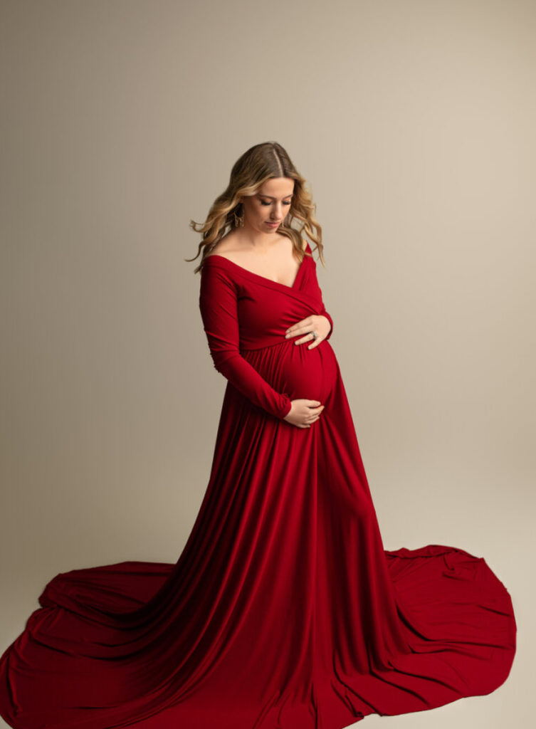matenity photoshoot with mother in red long flowy dress