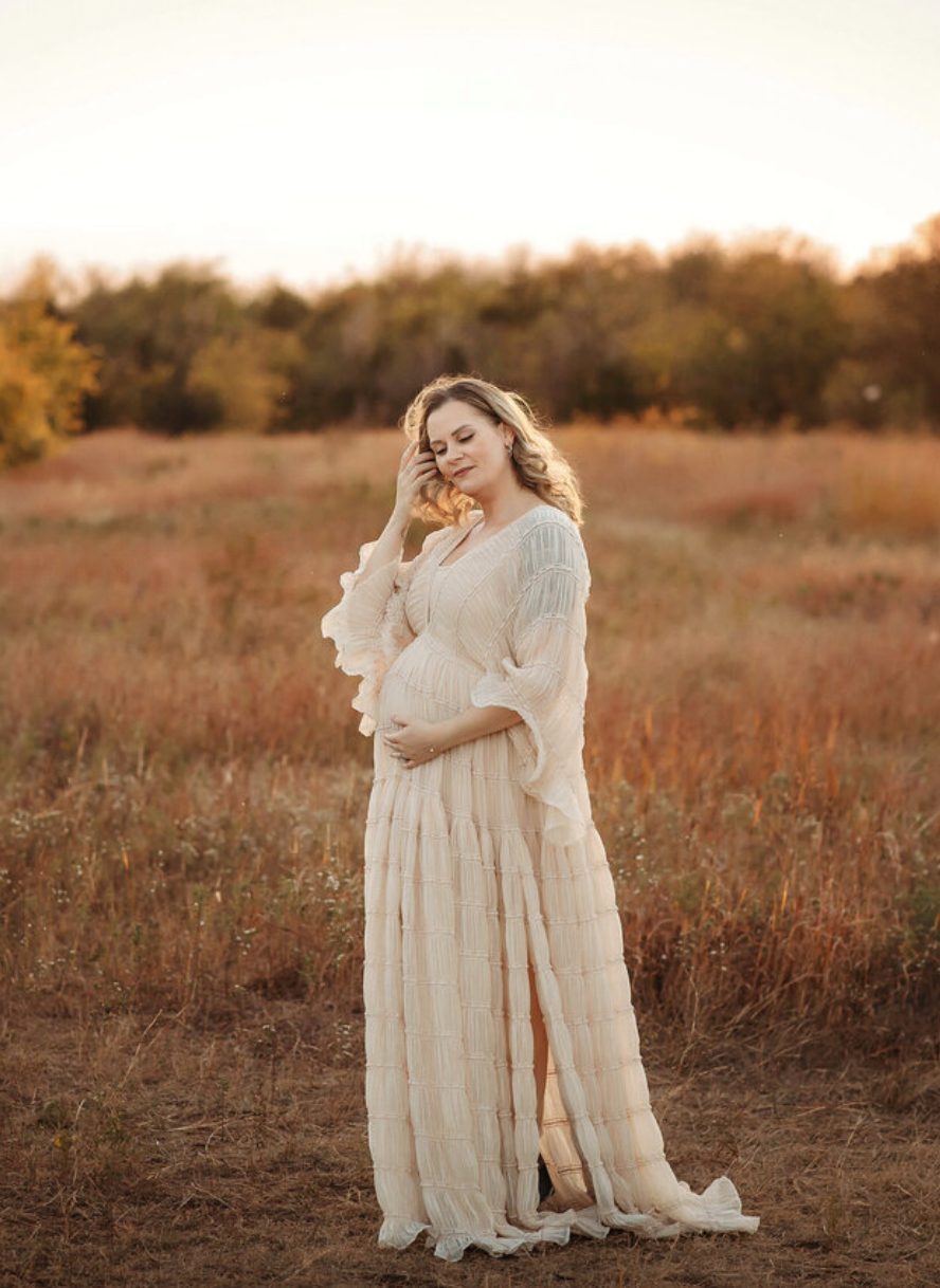 outdoor maternity photoshoot in OKC with mother in white dress